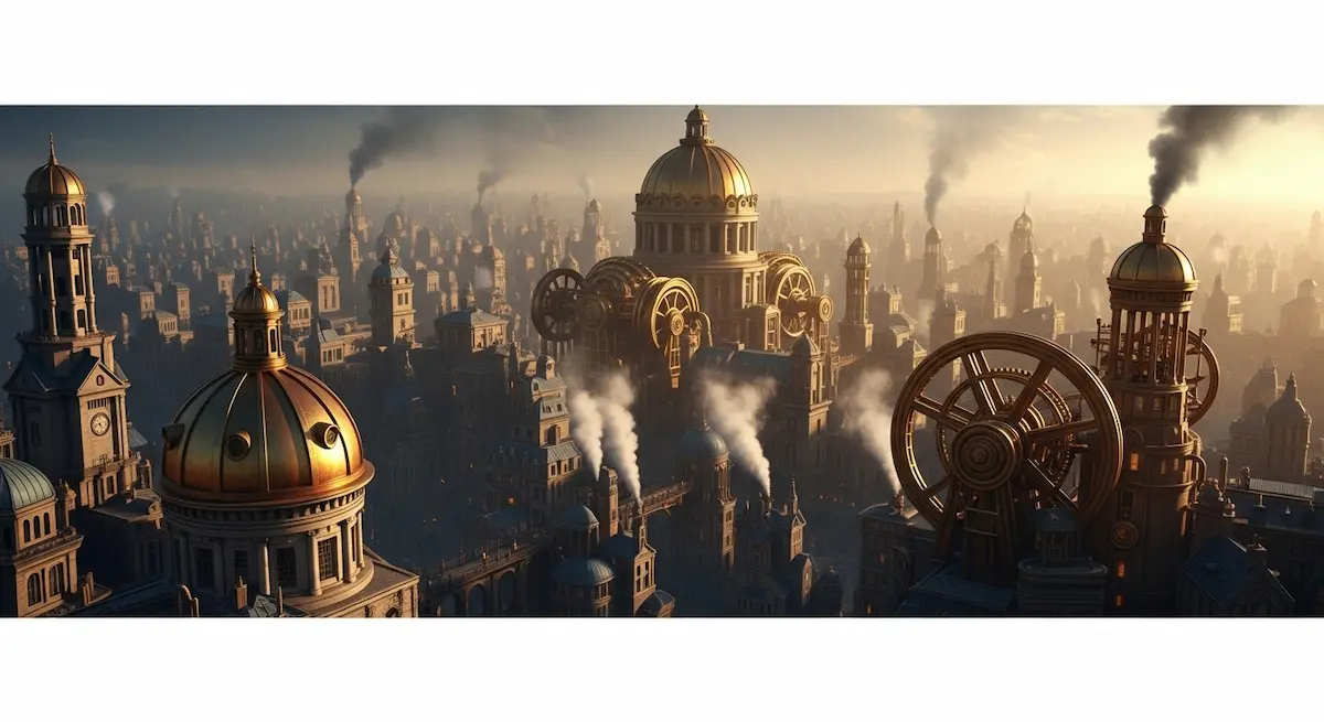 Unter einem dunstigen Himmel erheben sich kuppelförmige Gebäude zwischen metallischen Zahnrädern und dampfbeleuchteten Schornsteinen und formen eine ruhige Steampunk-Stadtlandschaft.