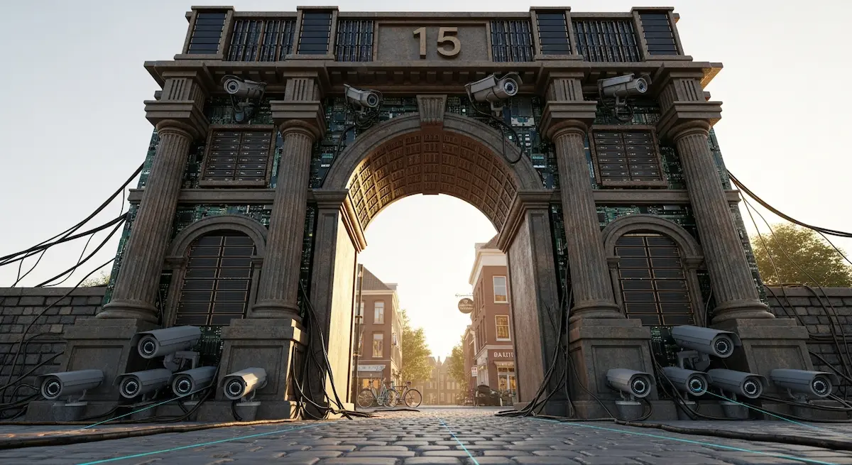 Willkommen in der 15 Minuten Stadt Ein steinerner Torbogen mit der Nummer 15 erhebt sich über Kopfsteinpflaster, umhüllt von Drähten, Kameras und Elektronik; entfernte Gebäude umrahmen seine Spannweite.