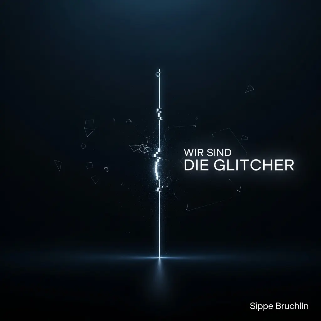 Auf einem tiefen, schattigen Hintergrund schimmert eine schlanke, leuchtende Linie und bricht in der Mitte. Rechts leuchtet "WIR SIND DIE GLITCHER", darunter ruht "Sippe Bruchlin".