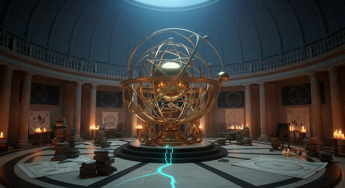 Eine verschn&ouml;rkelte Armillarsph&auml;re aus Messing bildet den Mittelpunkt eines gew&ouml;lbten Raums mit S&auml;ulen, B&uuml;chern und Kerzenlicht. Ein leuchtend blauer Spalt reicht bis zu ihr.