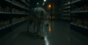 Ein Wolf bewegt sich leise durch einen nächtlich beleuchteten Supermarktgang, die Schatten verdichten sich zwischen den Regalen und schimmern über den polierten Boden.