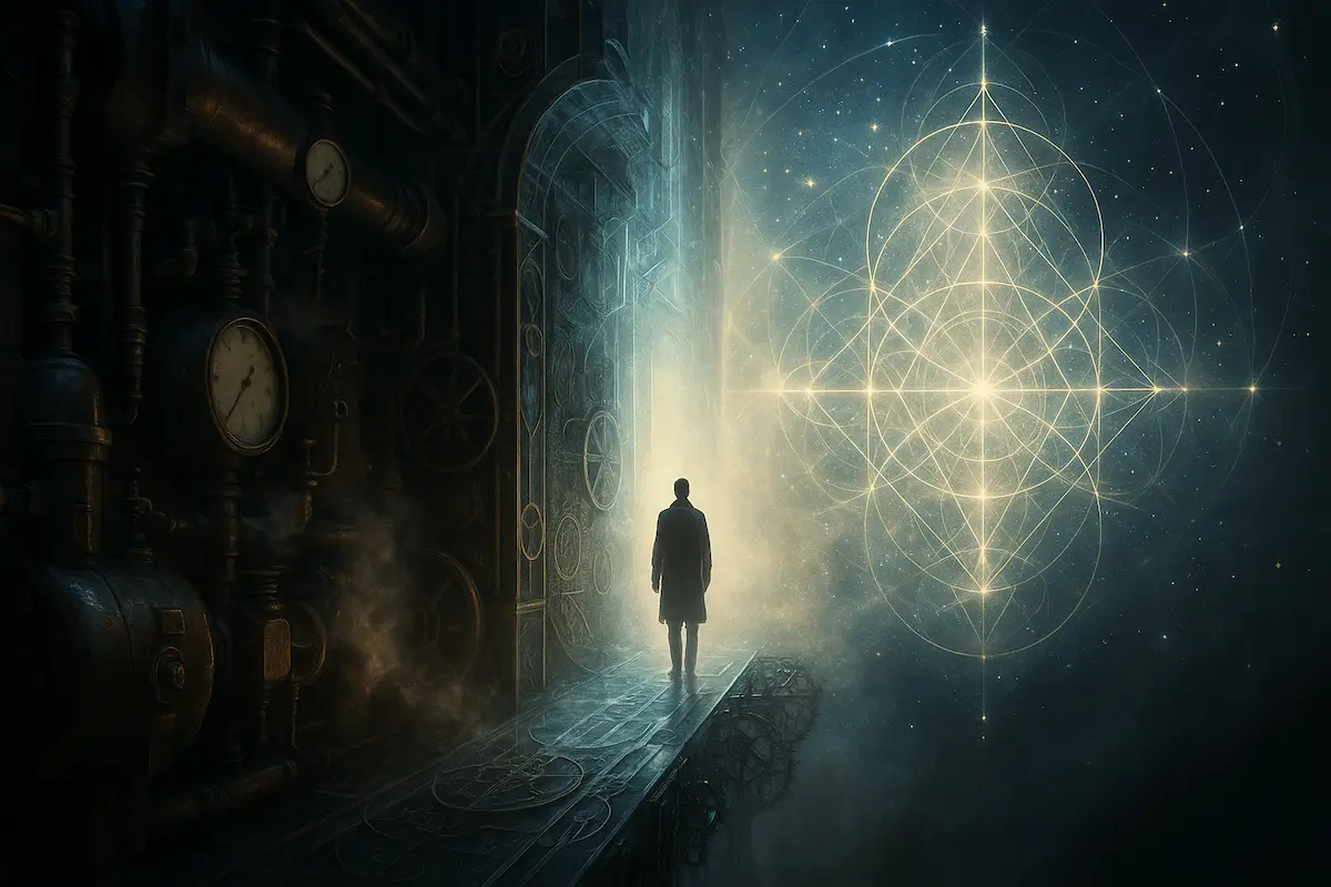 An der Schwelle einer Uhrwerkstruktur steht eine Figur vor einem leuchtenden Portal, das Sterne und eine verschlungene geometrische Konstellation enthüllt.