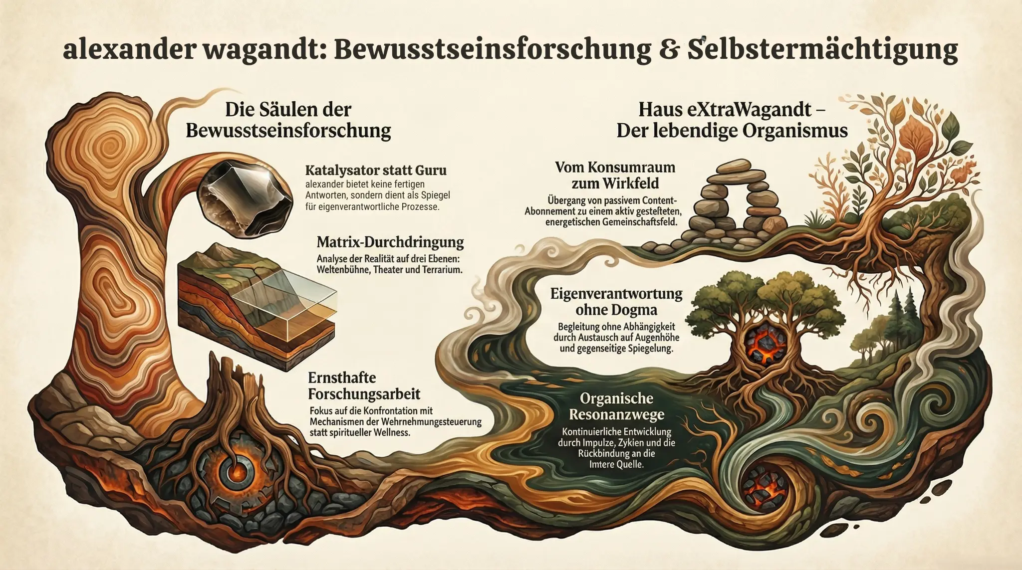 Eine deutsche Infografik mit dem Titel alexander wagandt: Bewusstseinsforschung & Selbsterm&auml;chtigung, mit heiteren B&auml;umen, Wurzeln, H&auml;usern und Texten zur bewussten Selbsterm&auml;chtigung.