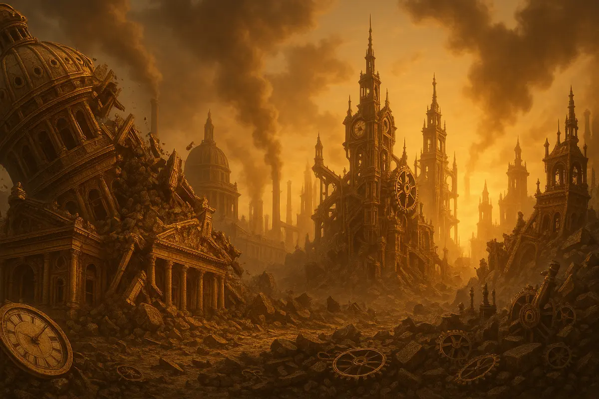 Ruinierte Uhrentürme und Kuppeln stehen stumm inmitten von umgestürzten Steinen und verstreuten Zahnrädern, Rauch steigt in den orangefarbenen Himmel.