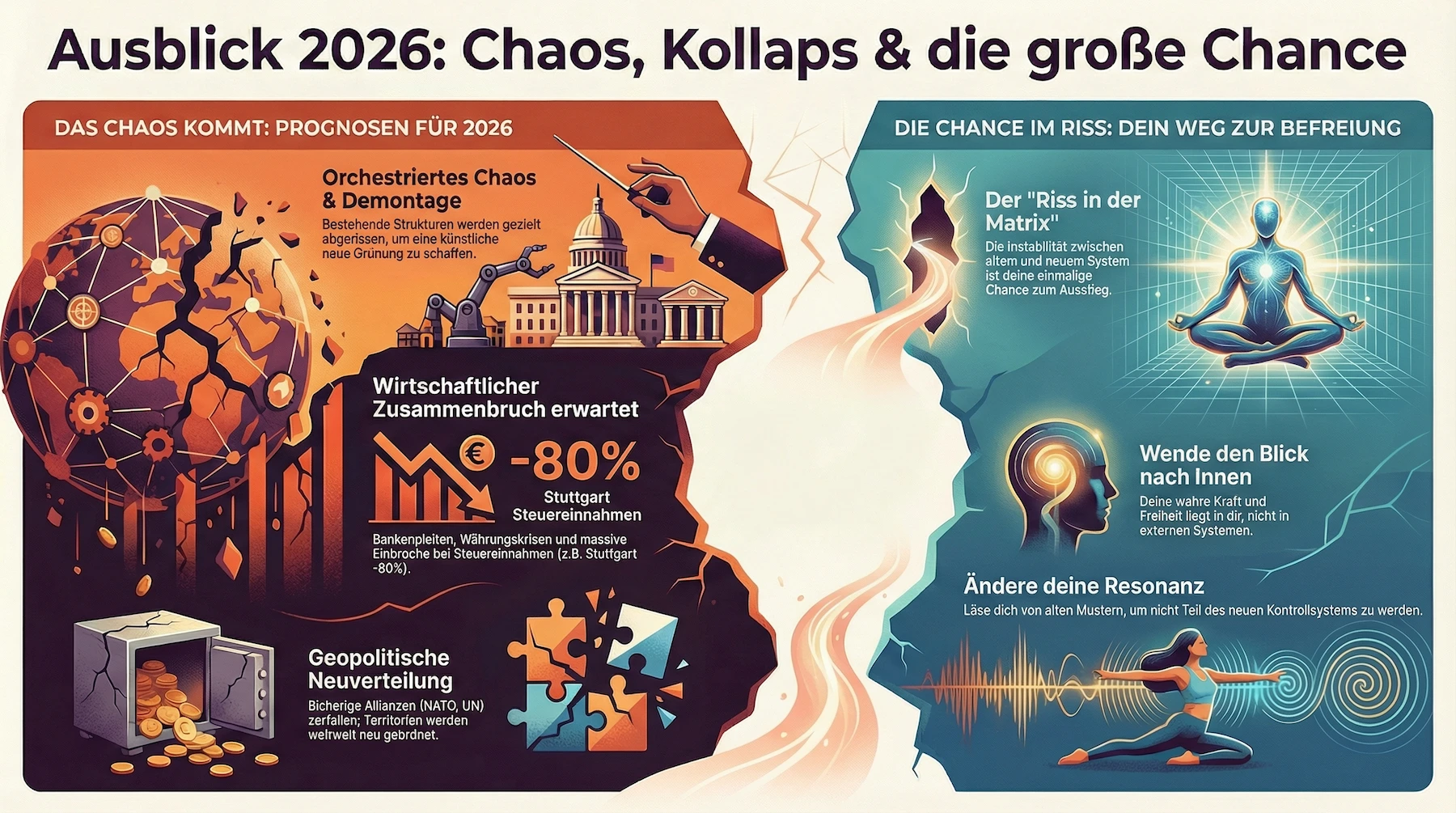Deutsche Infografik für das Jahr 2026: Aufruhr und Machtverschiebung auf der linken Seite, ruhiges Wachstum und Besinnung auf der rechten Seite.
