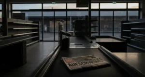 Ein ruhiger Supermarkt: düstere Gänge, eine Kasse mit einer deutschen Zeitung, Sonnenlicht, das durch breite Glastüren dringt.