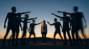 In der Abenddämmerung steht eine einsame Gestalt, umringt von schattenhaften Gestalten, die anklagend die Hände in den leuchtenden, verblassenden Himmel strecken.