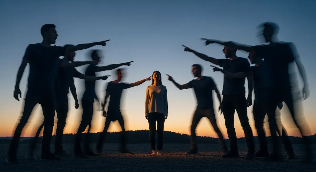 In der Abenddämmerung steht eine einsame Gestalt, umringt von schattenhaften Gestalten, die anklagend die Hände in den leuchtenden, verblassenden Himmel strecken.